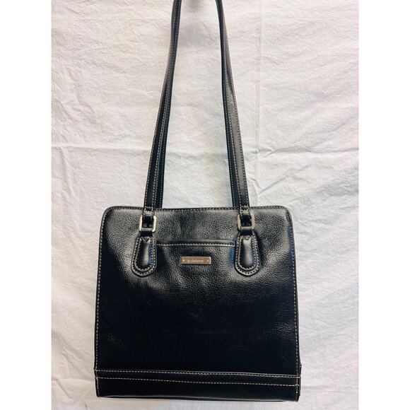 Liz Claiborne Black Leather Shoulder Bag Red Interior Pockets Shoulder Strap 28” - Picture 1 of 9